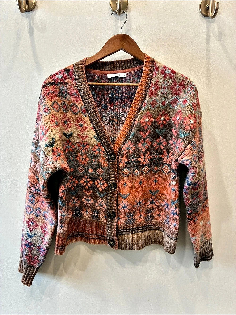 Ricki's Patterned Cardigan in Brown & Pink / Size Medium